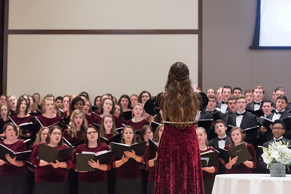 A choir performs special musical numbers in honor of President and Sister Gilbert at their farewell reception. 2017