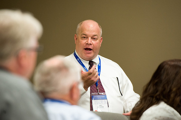 Online Instructors gather to learn at the Online Learning & Teaching Conference at BYU-Idaho. James Patterson leads a session on "Leaders and Coaches"2017