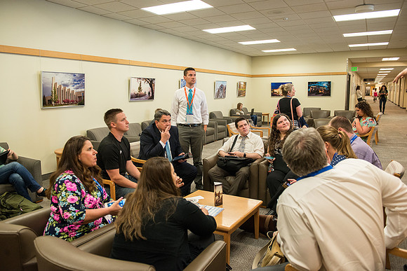 Online Instructors gather to learn at the Online Learning & Teaching Conference at BYU-Idaho. Participants have the opportunity do a little service, quilting. 2017