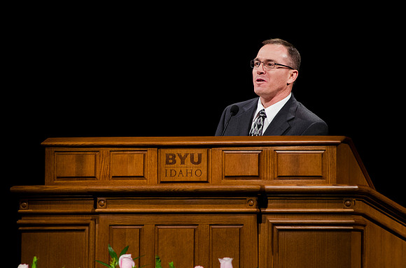 Brother Rick Hirschi addresses the student body at Devotional on 1/20/15.
