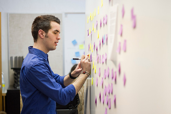 Brother Julander's Professional Presentation Class brainstorms using sticky notes to portray ideas