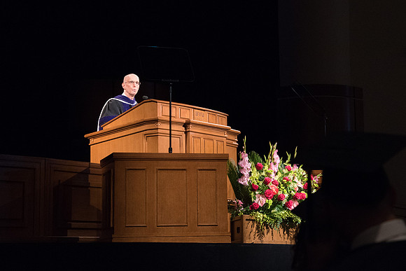 President Henry J. Eyring speaks during Commencement.