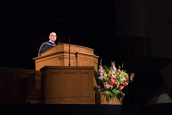 President Henry J. Eyring speaks during Commencement.