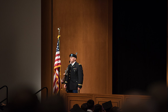 The american flag is presented by the ROTC at the start of graduation. 2017