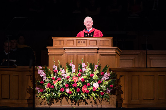 Elder Kim B. Clark speaks to the graduates at BYU-Idaho. Photo by Garrett Blanchard.