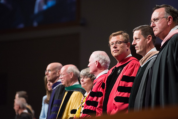 BYU-Idaho Spring semester graduation. President and Sister Henry J Eyring, Elder And Sister Cornish, Elder Kim B Clark, and President Clark Gilbert