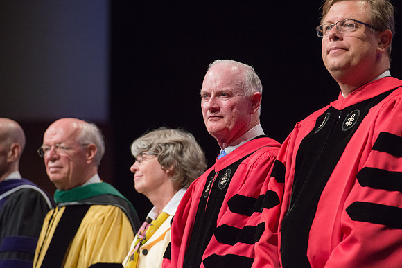 BYU-Idaho Spring semester graduation. President and Sister Henry J Eyring, Elder And Sister Cornish, Elder Kim B Clark, and President Clark Gilbert