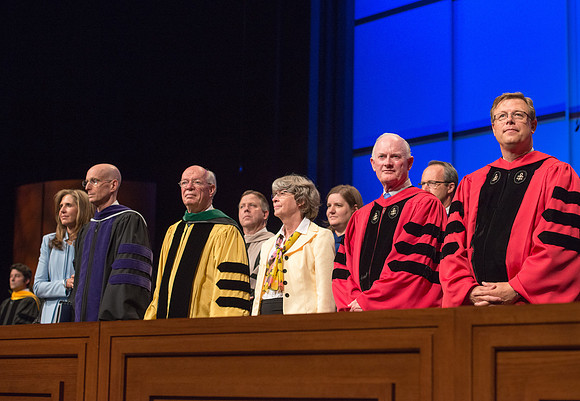 BYU-Idaho Spring semester graduation. President and Sister Henry J Eyring, Elder And Sister Cornish, Elder Kim B Clark, and President Clark Gilbert