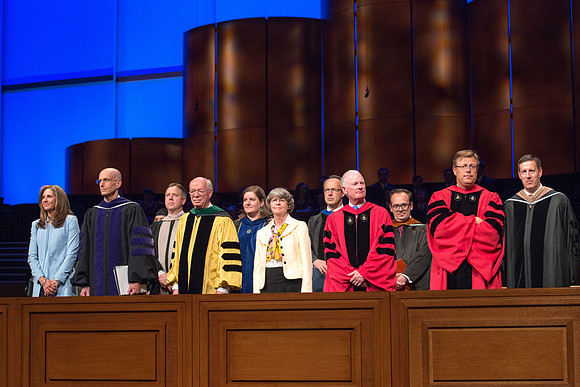 BYU-Idaho Spring semester graduation. President and Sister Henry J Eyring, Elder And Sister Cornish, Elder Kim B Clark, and President Clark Gilbert