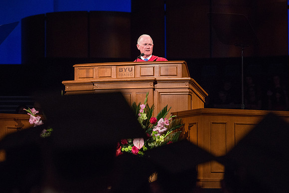 BYU-Idaho Spring semester graduation. Elder Kim B. Clark, General Authority Seventy and Commissioner of the Church Educational System.