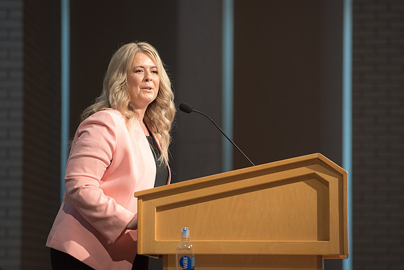 BYU-Idaho Education Week 2017 Amy LaBaugh, Student Life Vice President speaks on the importance of Scripture study for the Ed Week devotional in the Taylor Chapel.