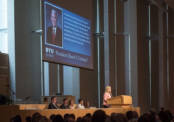 Strengthening individuals and families through lifelong learning. Amy LaBaugh, Student Life Vice President speaks on the importance of Scripture study for the Ed Week devotional in the Taylor Chapel.