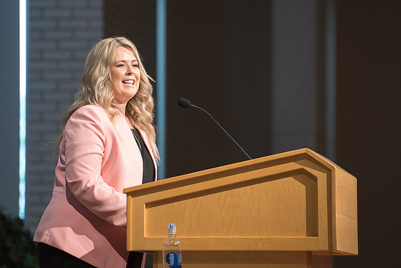 Strengthening individuals and families through lifelong learning. Amy LaBaugh, Student Life Vice President speaks on the importance of Scripture study for the Ed Week devotional in the Taylor Chapel.