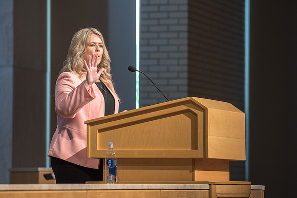 BYU-Idaho Education Week 2017 Amy LaBaugh, Student Life Vice President speaks on the importance of Scripture study for the Ed Week devotional in the Taylor Chapel.