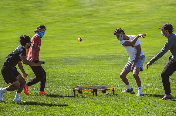 Spikeball tournament held on the upper playing fields, spring semester.