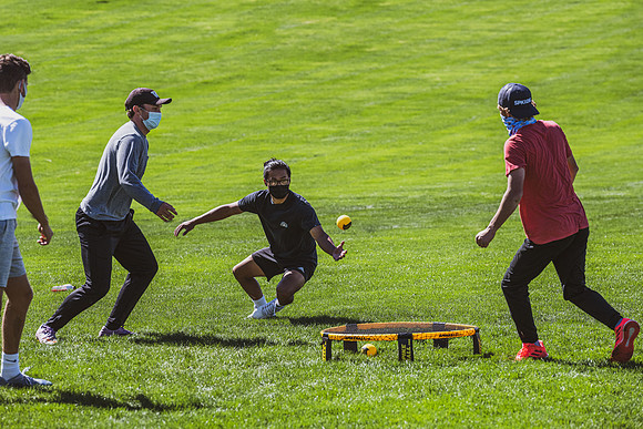 Spikeball tournament held on the upper playing fields, spring semester.