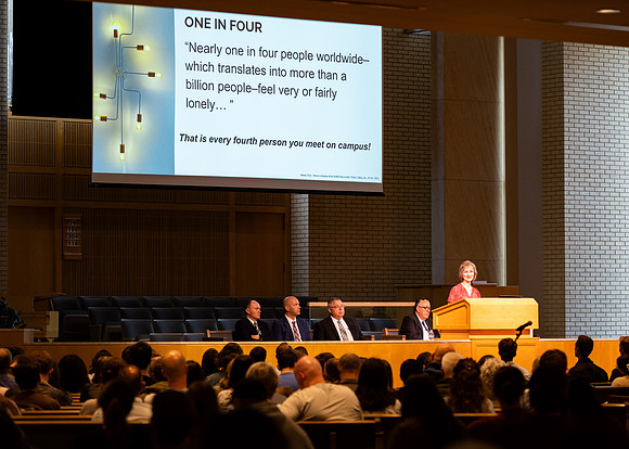 Cindy Bezas speaking at the BYUI University forum
