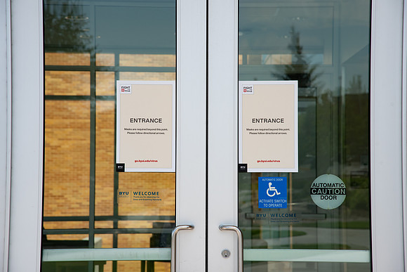 Signs on doors stating they are entrance only. Specific doors are for entrance and exit only in efforts to help fight the COVID-19 virus.