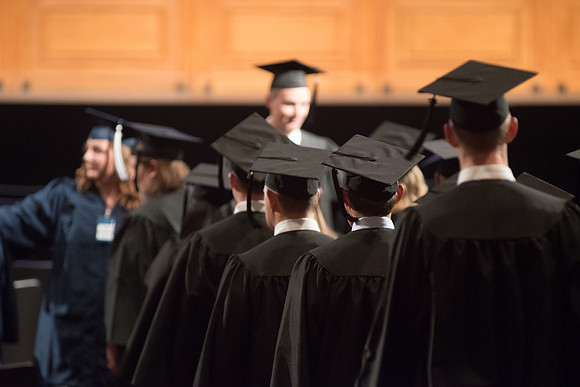 Students gather in the BYU-Idaho Center for their graduation at BYU-Idaho. 2017