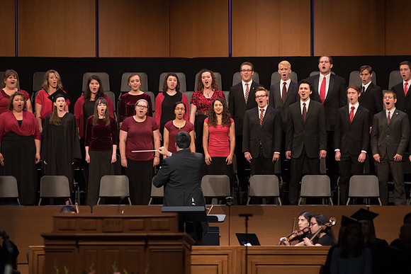 A choir sings at the BYU-I graduation. 2017