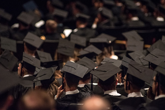 Students gather in the BYU-Idaho Center for their graduation at BYU-Idaho. 2017