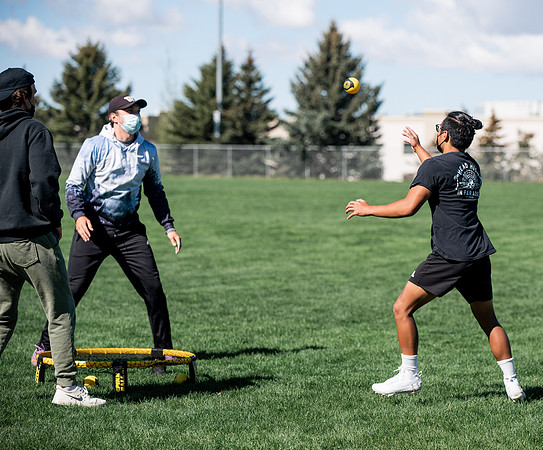 Student teams compete in BYUI's spikeball tournament held in the upper fields.