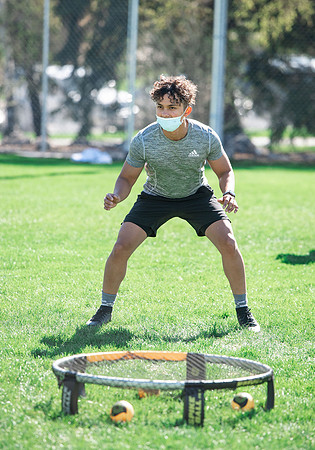 Student teams compete in BYUI's spikeball tournament held in the upper fields.