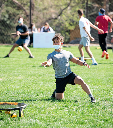 Student teams compete in BYUI's spikeball tournament held in the upper fields.