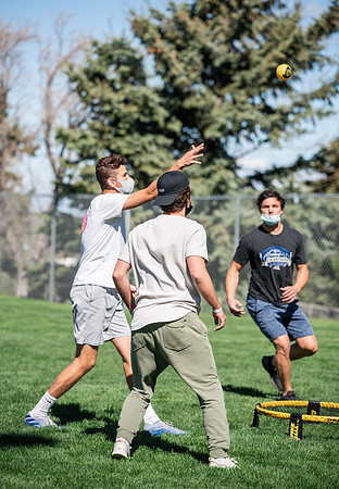 Student teams compete in BYUI's spikeball tournament held in the upper fields.