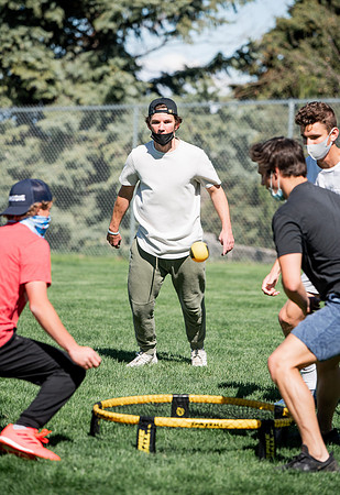 Student teams compete in BYUI's spikeball tournament held in the upper fields.