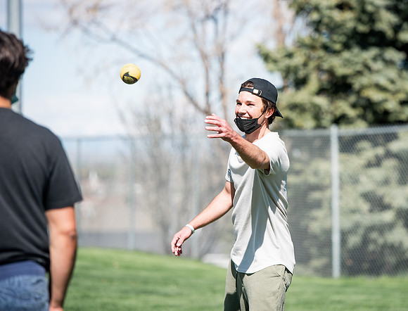 Student teams compete in BYUI's spikeball tournament held in the upper fields.