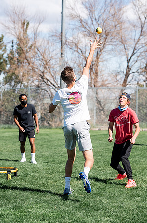 Student teams compete in BYUI's spikeball tournament held in the upper fields.