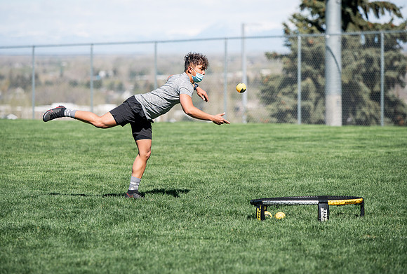 Student teams compete in BYUI's spikeball tournament held in the upper fields.