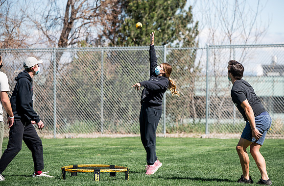 Student teams compete in BYUI's spikeball tournament held in the upper fields.