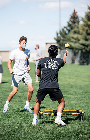 Student teams compete in BYUI's spikeball tournament held in the upper fields.