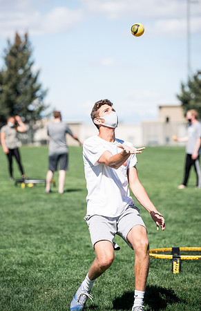 Student teams compete in BYUI's spikeball tournament held in the upper fields.