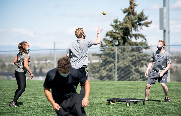 Student teams compete in BYUI's spikeball tournament held in the upper fields.