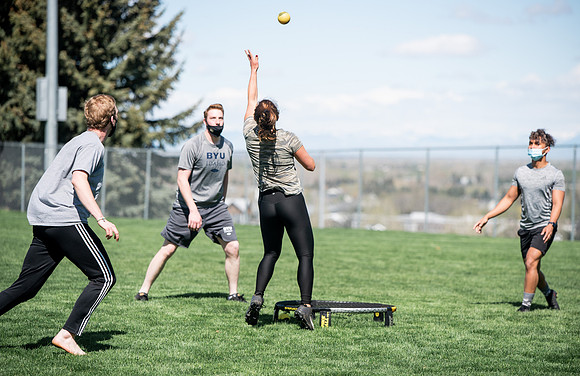 Student teams compete in BYUI's spikeball tournament held in the upper fields.