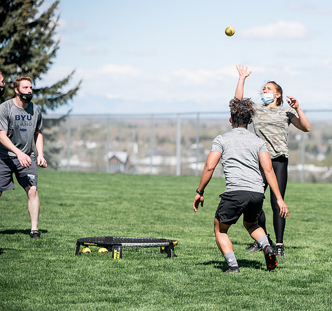 Student teams compete in BYUI's spikeball tournament held in the upper fields.