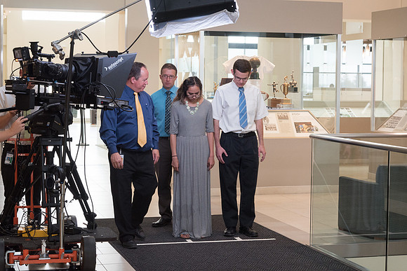 Legacy Hall is turned into a set in preparation for a video shoot with President and Sister Eyring. 2017