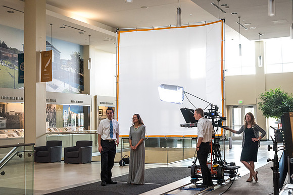 Legacy Hall is turned into a set in preparation for a video shoot with President and Sister Eyring. 2017