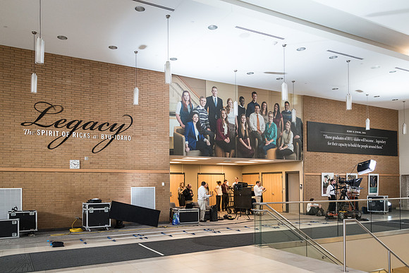 Legacy Hall is turned into a set in preparation for a video shoot with President and Sister Eyring. 2017