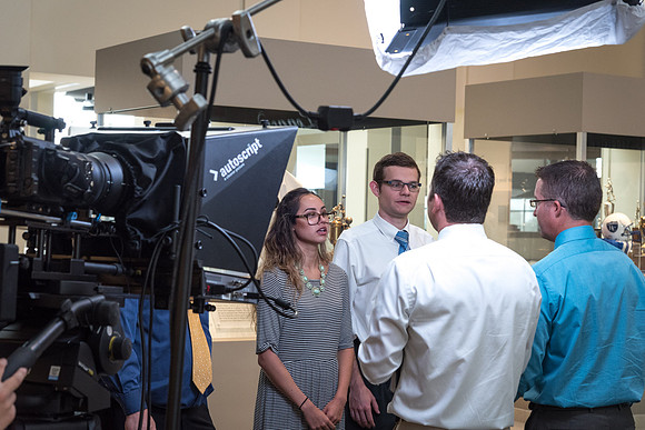 Legacy Hall is turned into a set in preparation for a video shoot with President and Sister Eyring. 2017