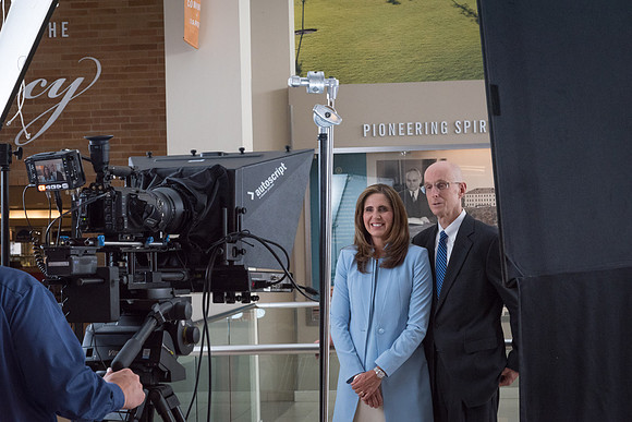 President and Sister Eyring on the set of a video shoot in Legacy Hall. 2017