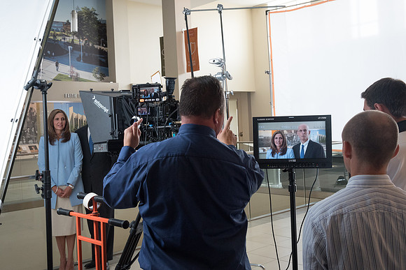 President and Sister Eyring on the set of a video shoot in Legacy Hall. 2017