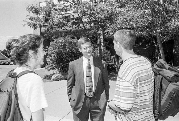 President David A. Bednar visits with students across campus.