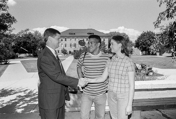 President David A. Bednar visits with students across campus.