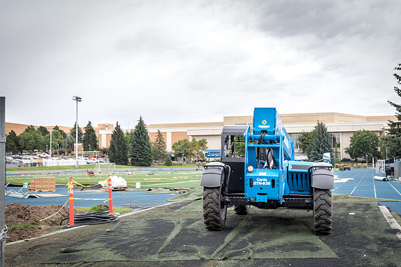 New astroturf is installed in the BYU-I stadium field. 2017