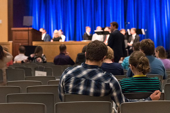 Students gather in the MC Ballroom for devotional during the 2017 Summer Session.
