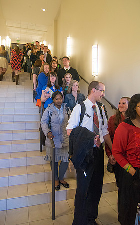 Students wait in line to shake hands with Elder Dallin H. Oaks, Quorum of the Twelve Apostles. Photo by Ryan Chase